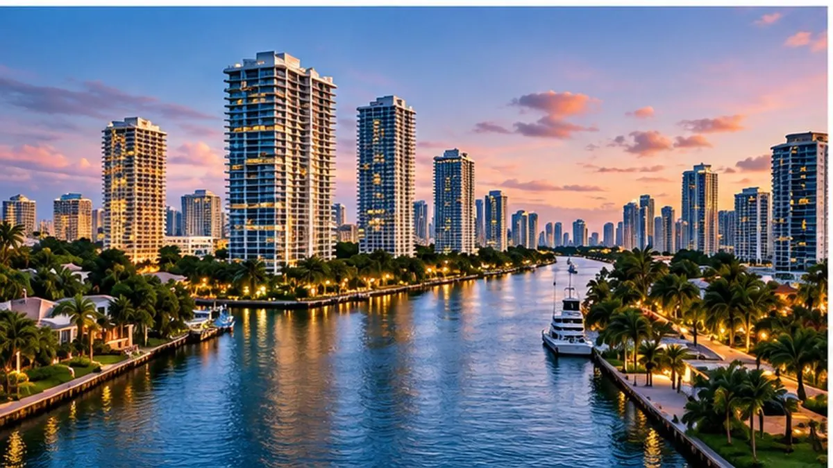Waterfront towers along a lit channel at dusk.