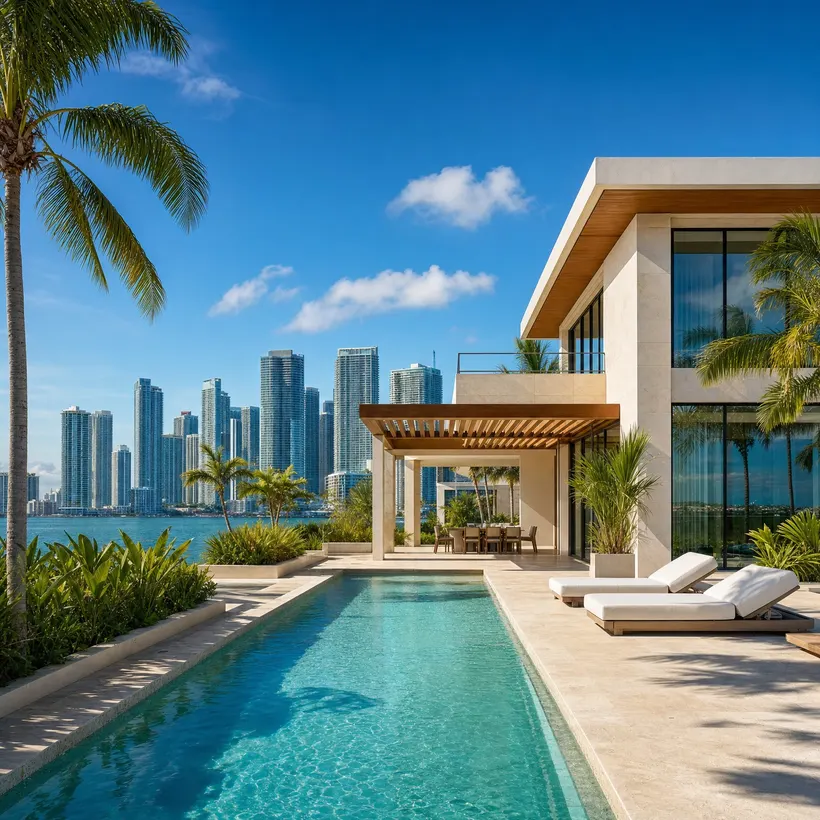 A modern house and pool with high-rise towers behind it.
