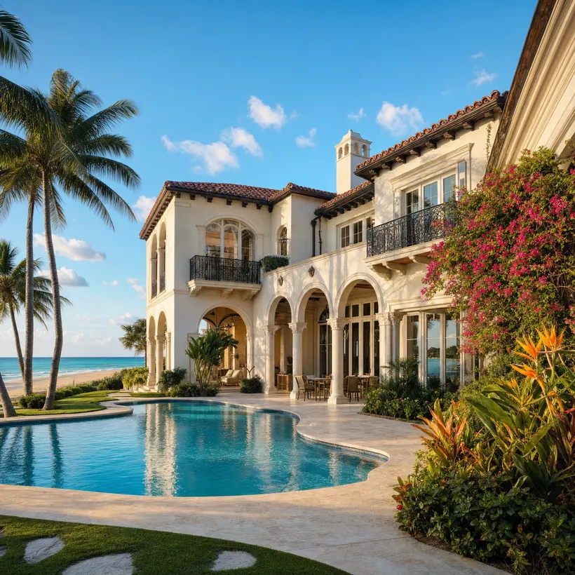 A Mediterranean-style house and pool on the shore.