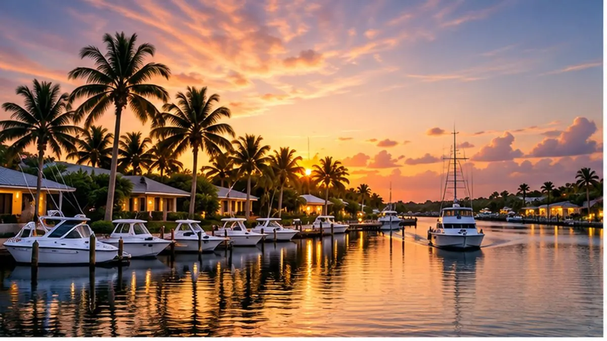 Palms and moored boats along a calm waterway at sunset.