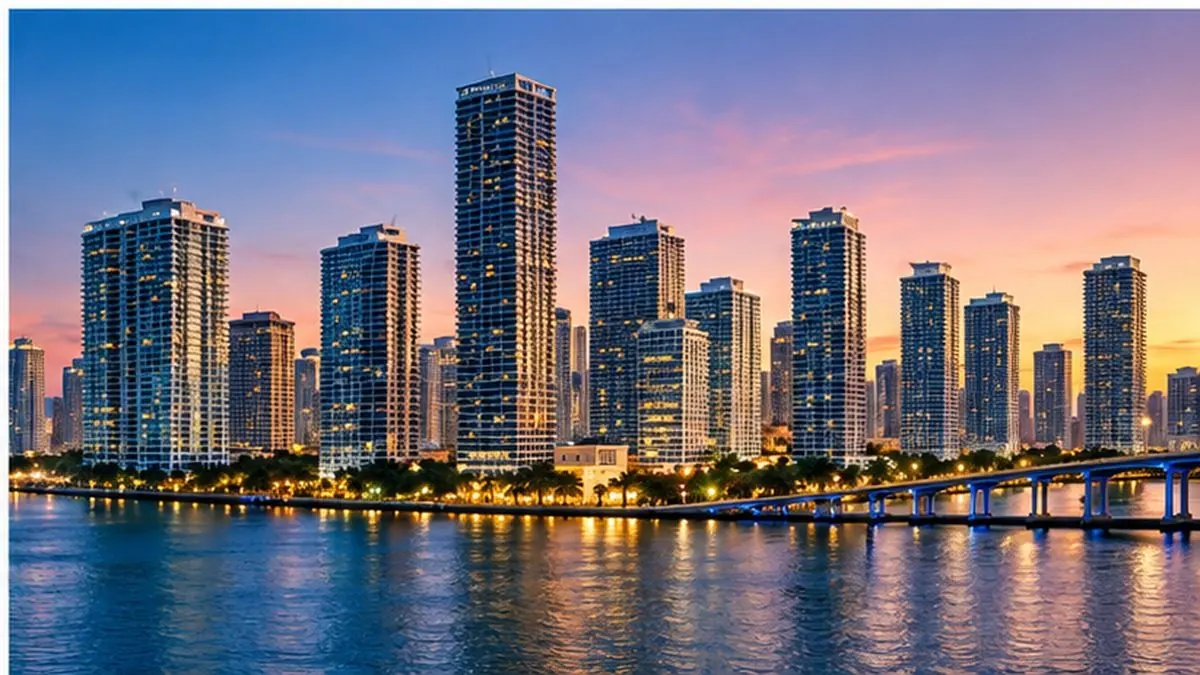 A skyline of high-rise towers across the water at dusk.