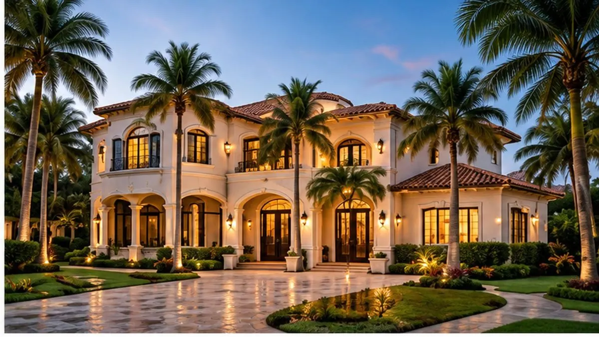 A Mediterranean-style house lit up behind tall palms in the evening.