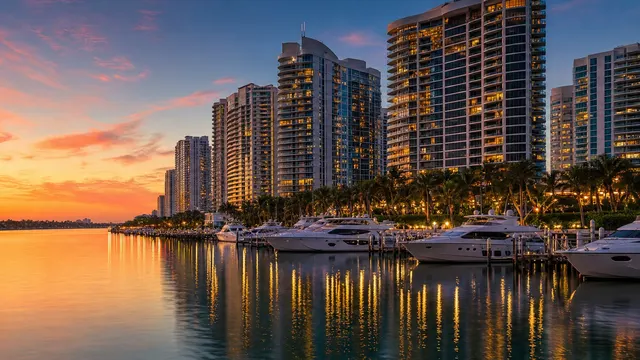 Towers and yachts along the Intracoastal at sunset.