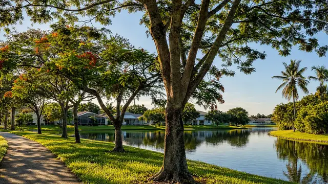 A lakeside path in Coconut Creek on a bright morning.