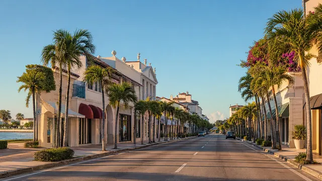 A palm-lined shopping street in Palm Beach in the late-afternoon sun.