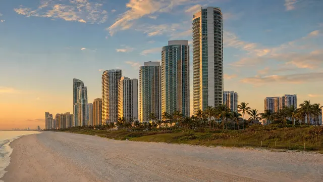 Oceanfront towers catching the sunrise.