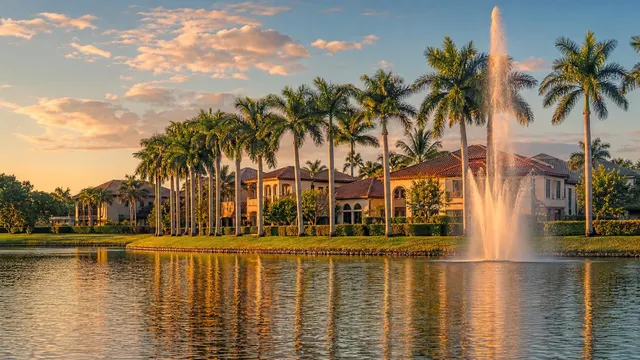 A fountain on a palm-lined lake at golden hour.
