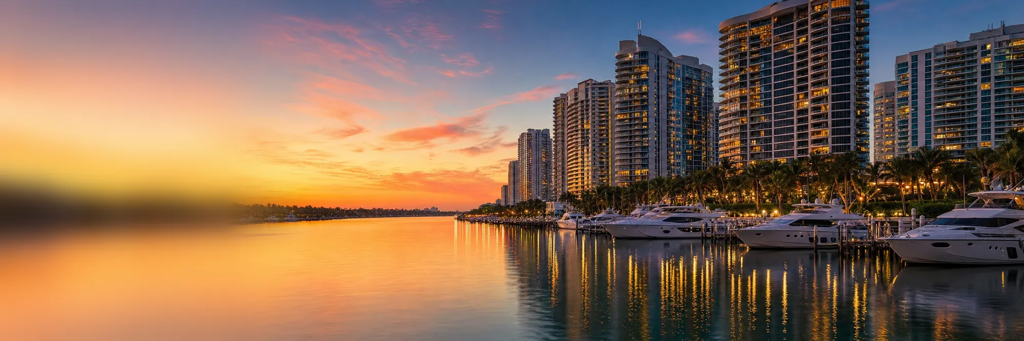 Towers and yachts along the Intracoastal at sunset.