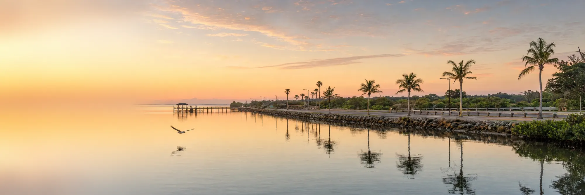 Sunrise over the Indian River Lagoon, palms along the causeway.