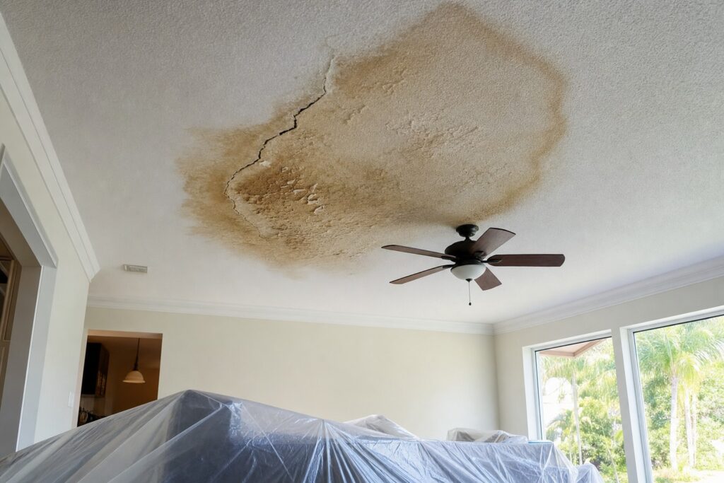 Before: Illustration: a typical leak-damage ceiling repair