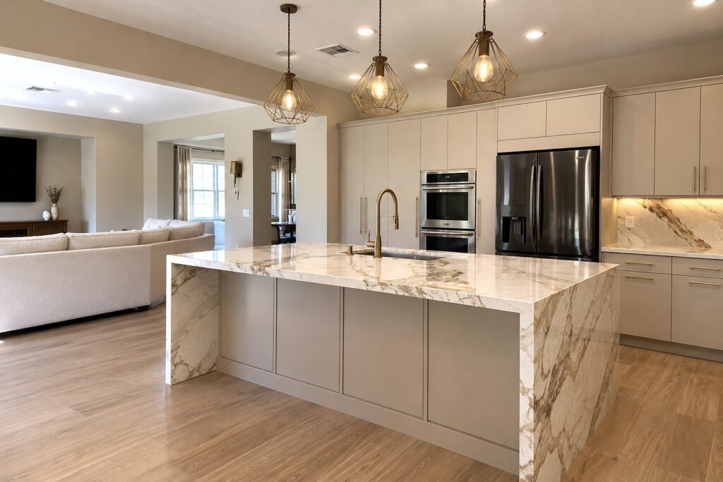 The same kitchen after: flat-panel cabinetry, stainless appliances and a marble-look waterfall island