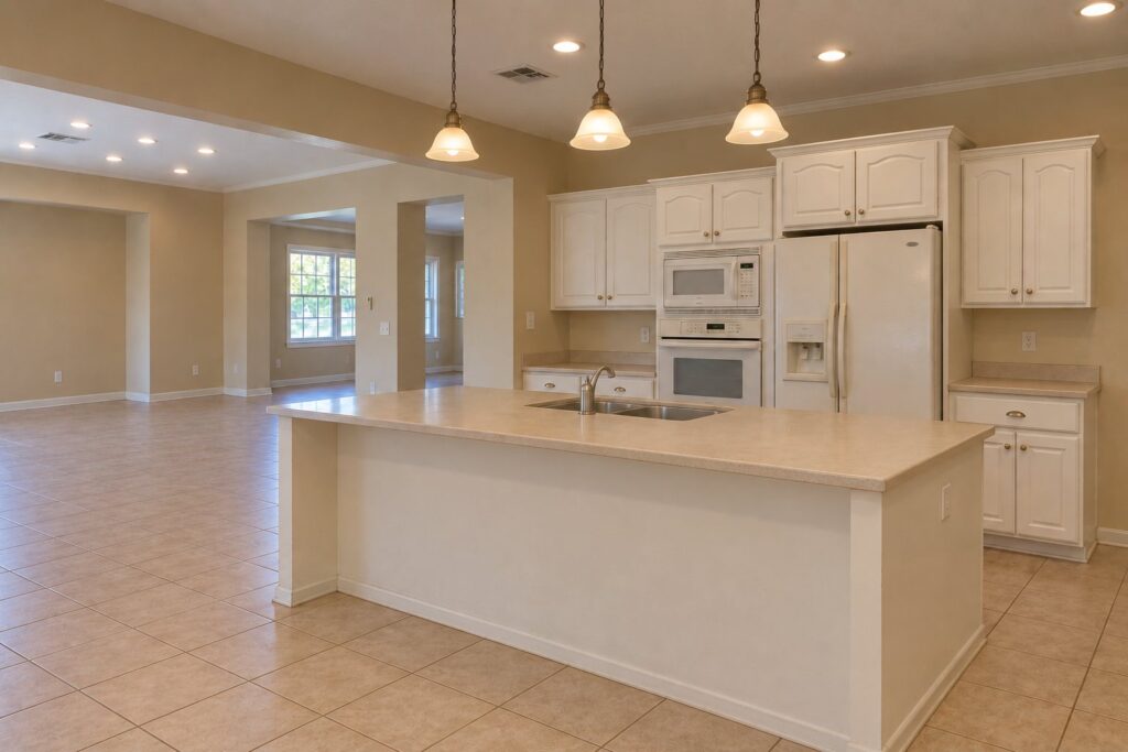 Open-plan kitchen before the KOZAK remodel: raised-panel cabinets, white appliances and a solid-surface island