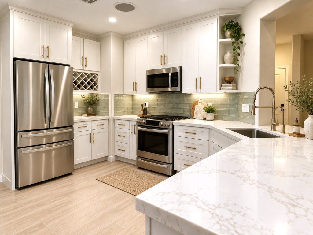 The same kitchen after the KOZAK remodel: white shaker cabinets and quartz