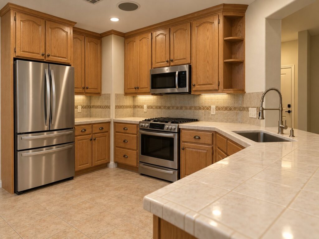 Kitchen before the KOZAK remodel: oak cabinets and a tiled counter