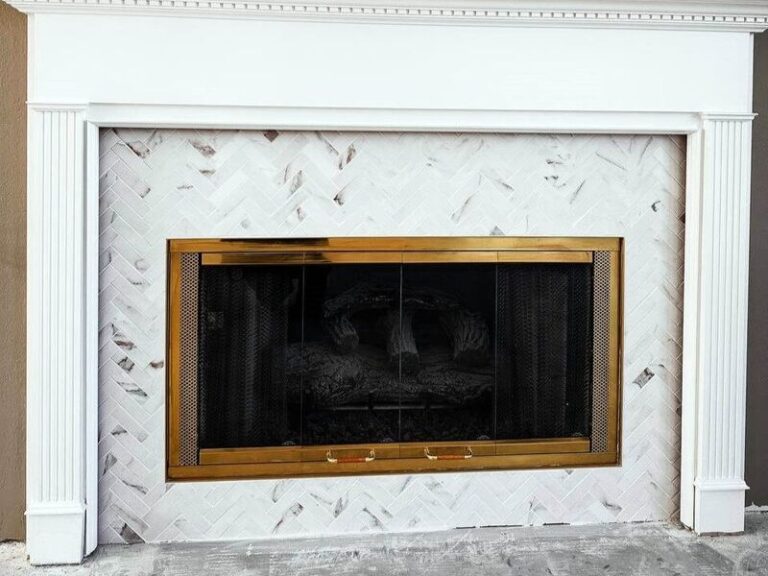 Fireplace with stone surround and painted mantel, by KOZAK Ukrainian Services